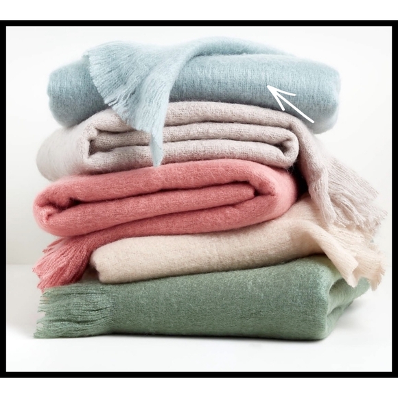 Crate & Barrel Loren Cozy Downy Brushed Fringe Throw Blanket Aqua - Picture 1 of 6